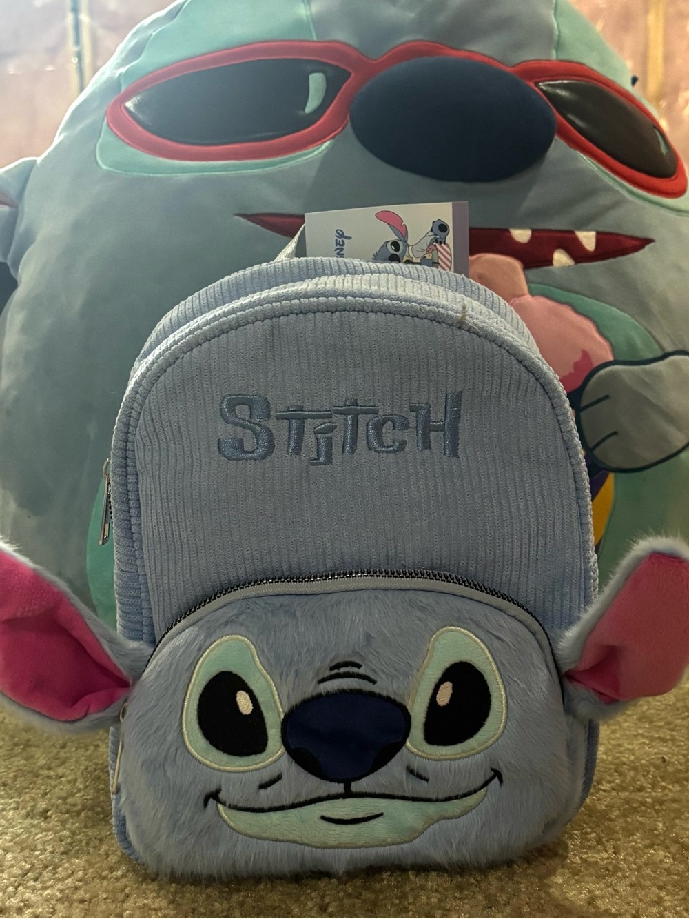 Disney Light Blue Stitch Plush Mini Backpack with Pink Ears